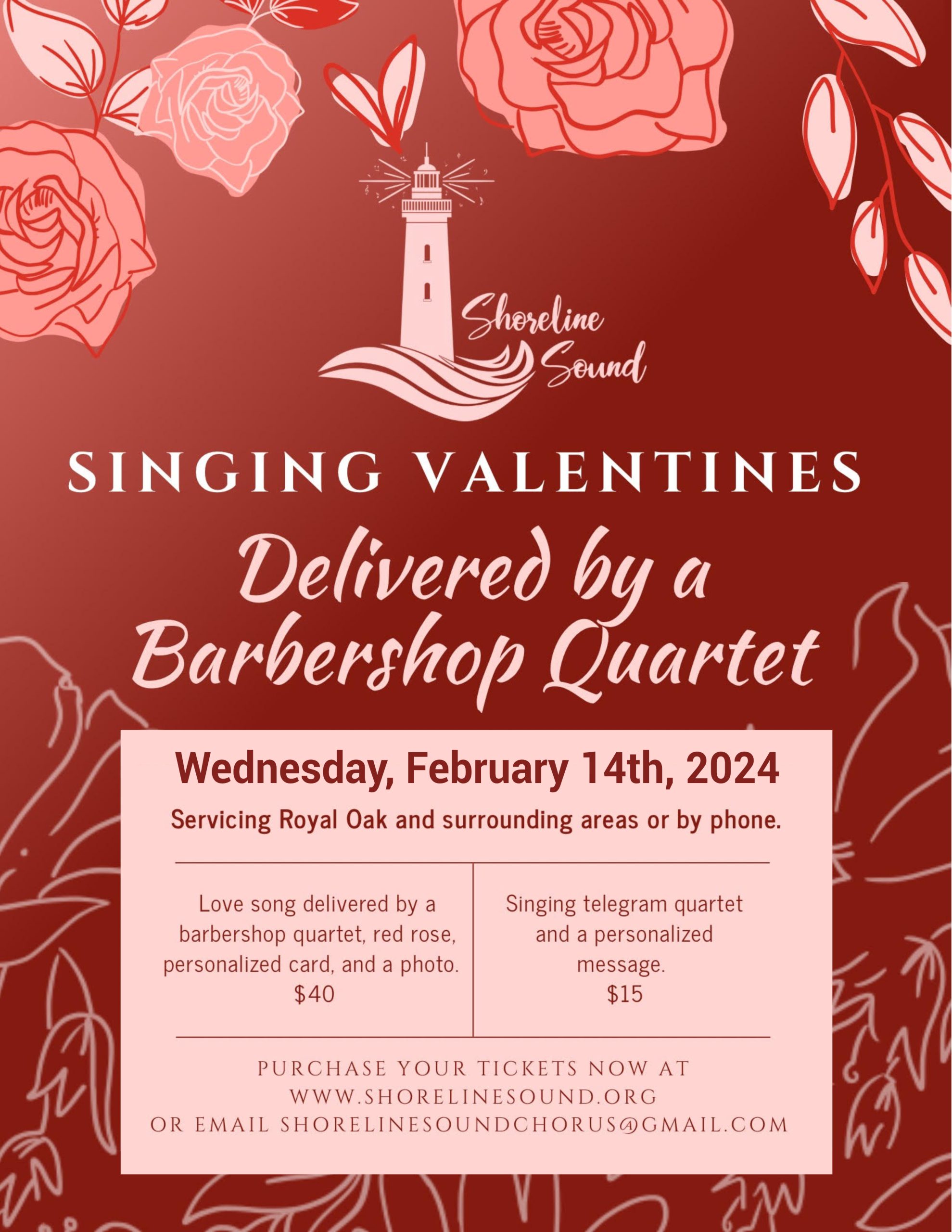 2024 Singing Valentines by Shoreline Sound Quartets. All day Wednesday, February 14th. Call today to say "I Love You" with a Song!